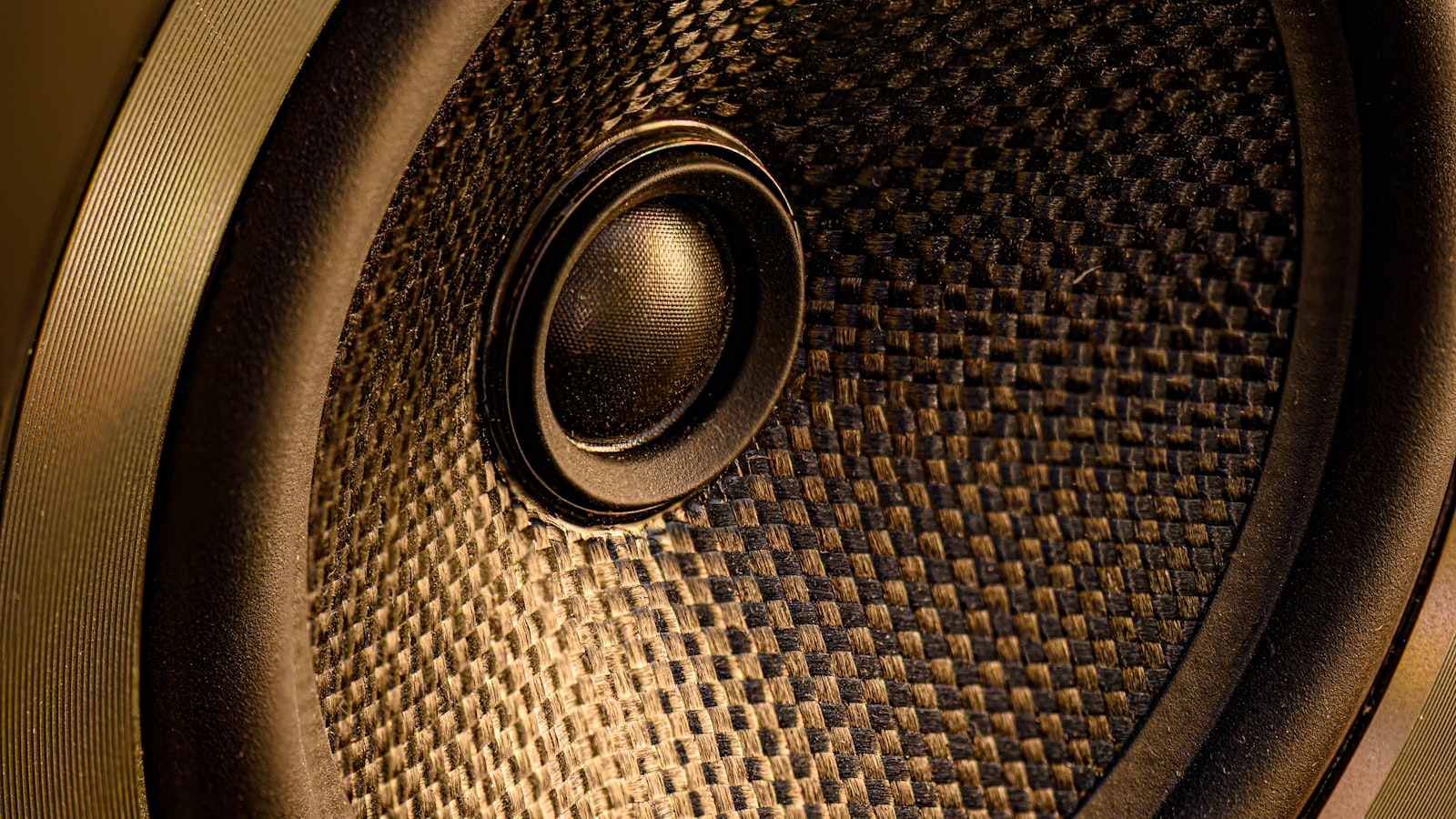 Macro close view of a woven speaker cone and its centre dome, the driver that has to carry a sliding 808 sub bass